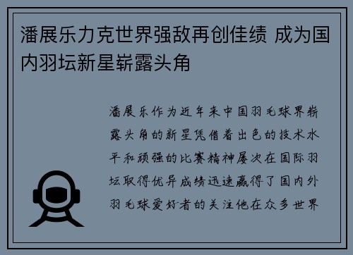 潘展乐力克世界强敌再创佳绩 成为国内羽坛新星崭露头角