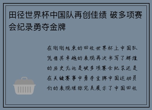 田径世界杯中国队再创佳绩 破多项赛会纪录勇夺金牌