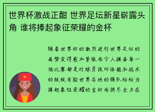 世界杯激战正酣 世界足坛新星崭露头角 谁将捧起象征荣耀的金杯