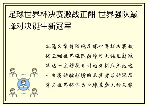 足球世界杯决赛激战正酣 世界强队巅峰对决诞生新冠军