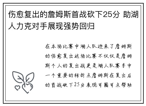 伤愈复出的詹姆斯首战砍下25分 助湖人力克对手展现强势回归